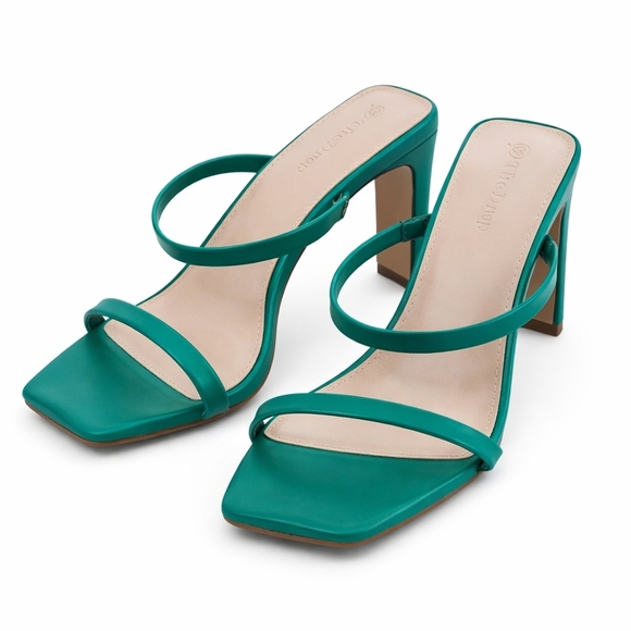 The Drop Shoes - The Drop Teal Green Square Toe Strappy Heeled Sandals Womens 7.5 Minimalist Mule